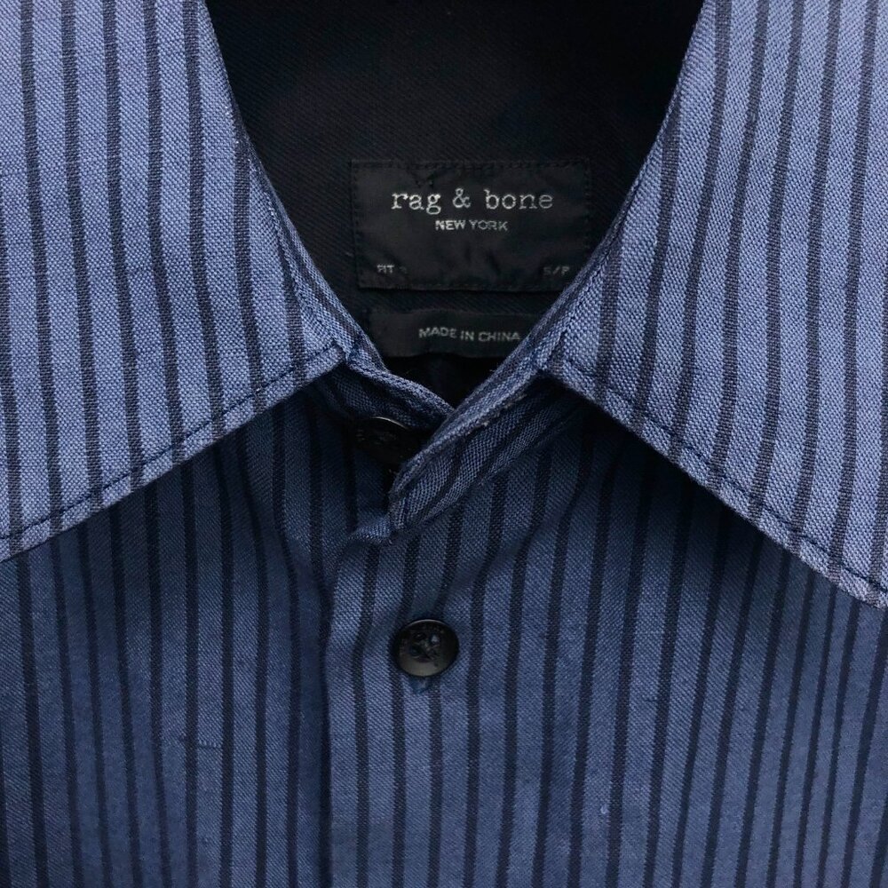 Rag & Bone Cotton/Linen Grey Blue Casual Dress Shirt with Stripes
